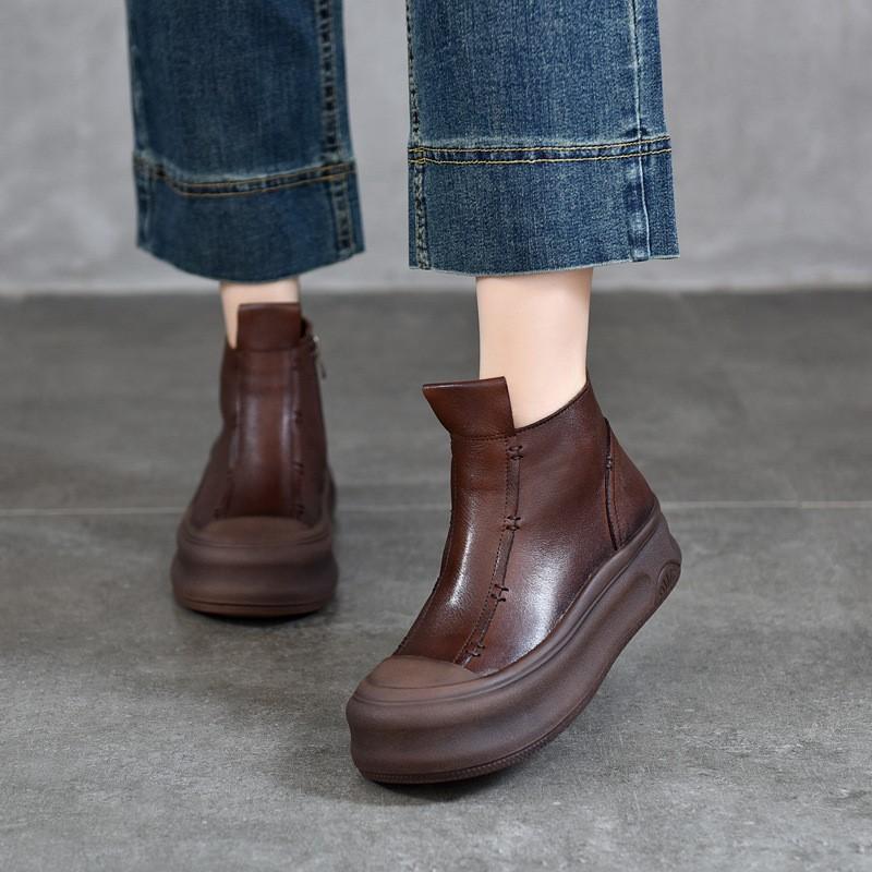 Johnature Versatile Thick Soled Genuine Leather Short Boots Side Zipper Autumn/winter Retro Women's Flat Platform Shoes