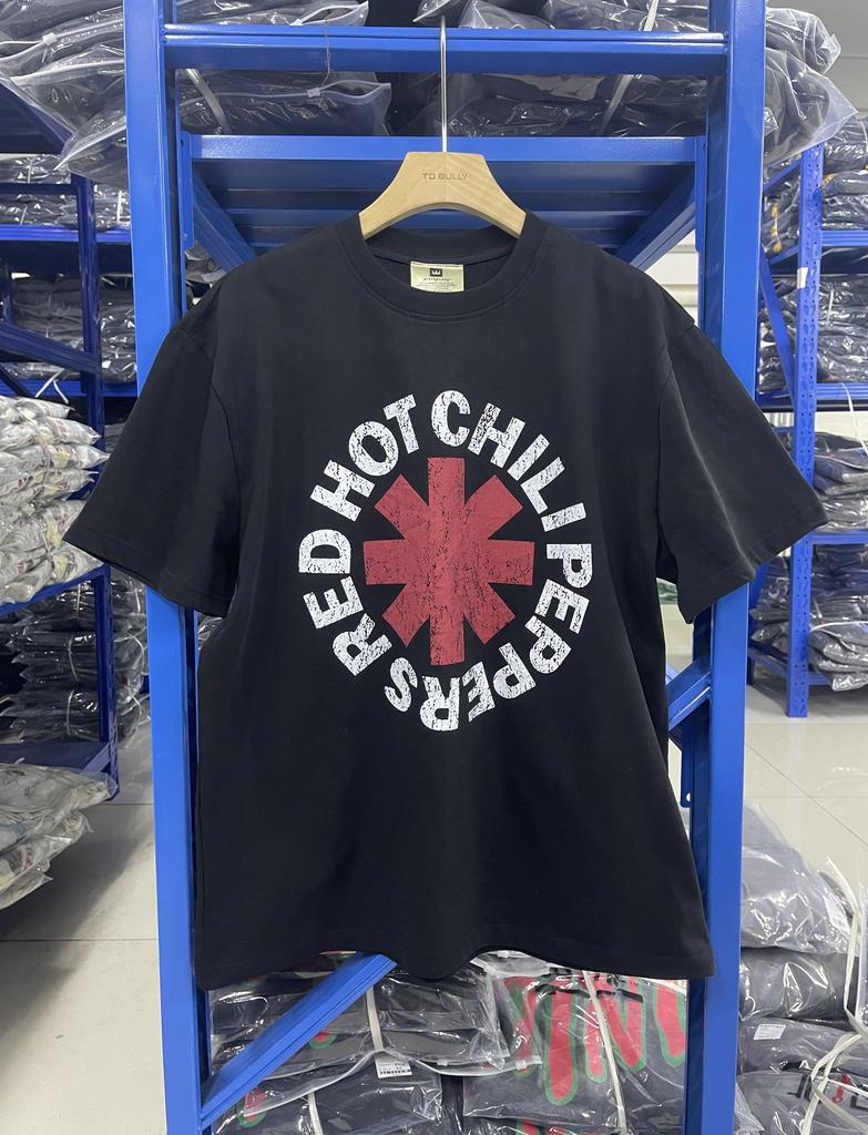 25SS High quality Vintage Rock Red Chili Printed Band Short Sleeve Heavy Washed Cotton Loose Casual Oversize Street Pop Tshirt