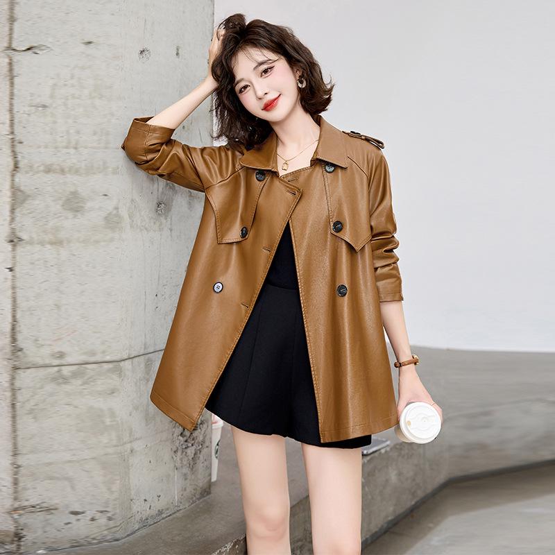 Veste Manteau Mi-long Petit en Cuir PU Rétro Mode Automne 2024 pour Femme