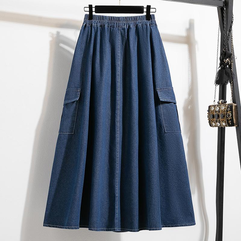 Plus Size Spring Denim Skirts Women Clothing Blue Pockets Fashion A-Line Jeans Skirt High Waist