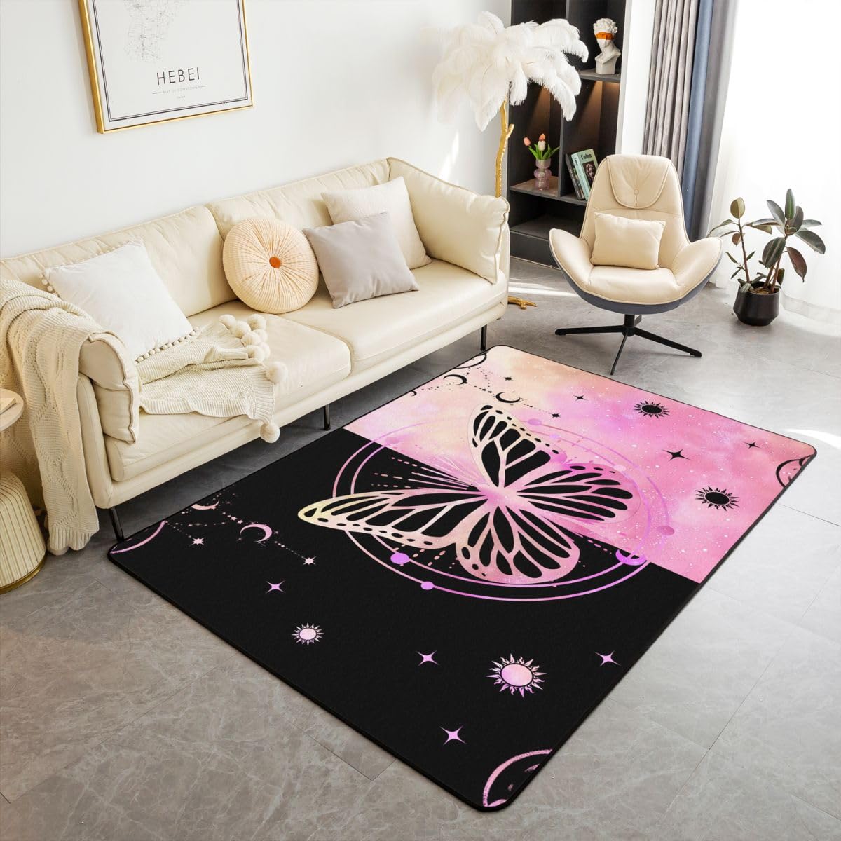 

Pink Butterfly Large Area Rug 5x7 Hand Drawn Watercolor Living Room Rug | Cartoon Moth Wings Rugs for Bedroom, Rustic Butterfly Chic Nature 160cm x 200cm