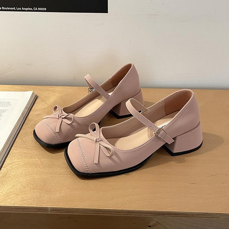 Summer new retro bow French thick heel high heels shallow mouth Mary Jane shoes Korean version gentle middle heel single shoes