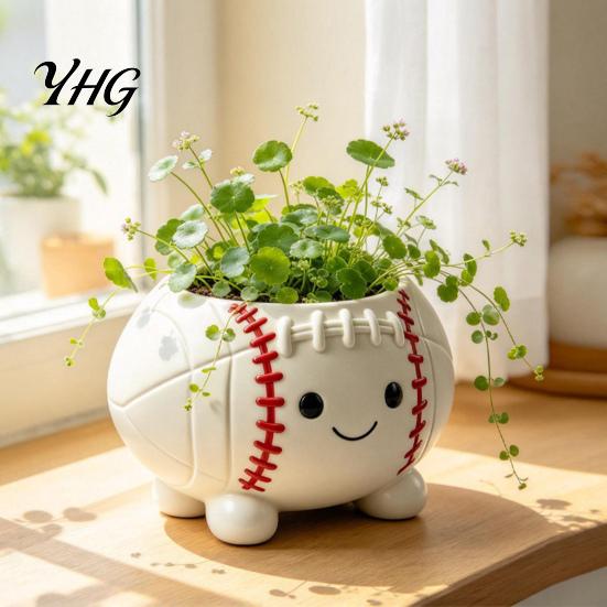Creative Garden Ornament Rugby Ball Succulent Planter, Resin Small Flower Pot with Feet, Weatherproof Decor Cute Smiling Plant for Indoor Outdoor Home