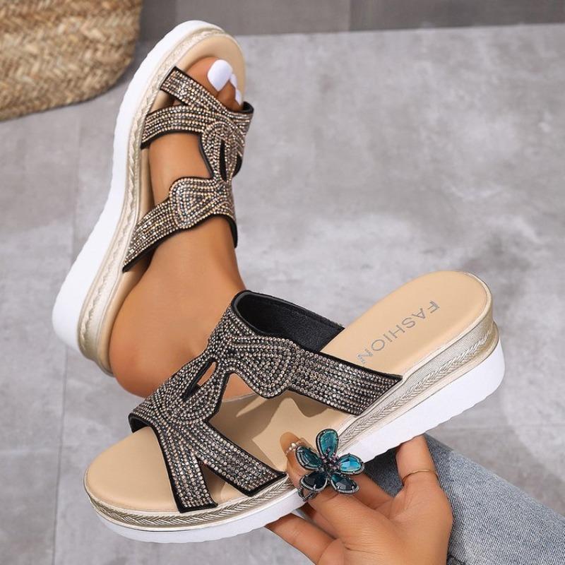 Large size wedge slippers women's summer sequined rhinestone lightweight outer slippers