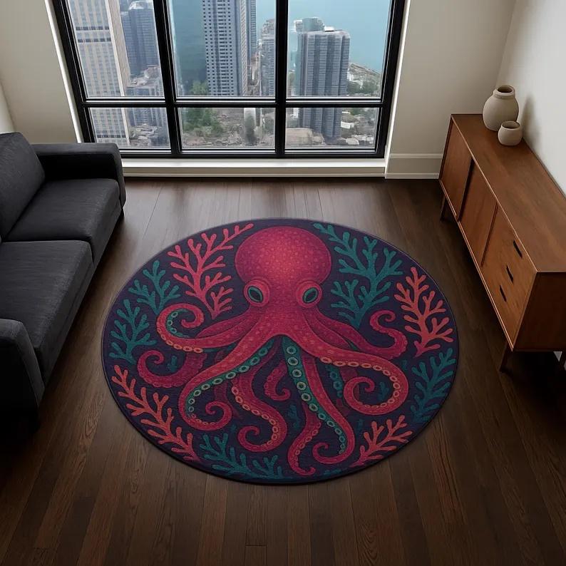 Octopus Tentacle Visual 3D Round Mat Ocean Sea Animal Round Carpet Octopus Home Rug Decor Coastal Nautical Home Decor Gift