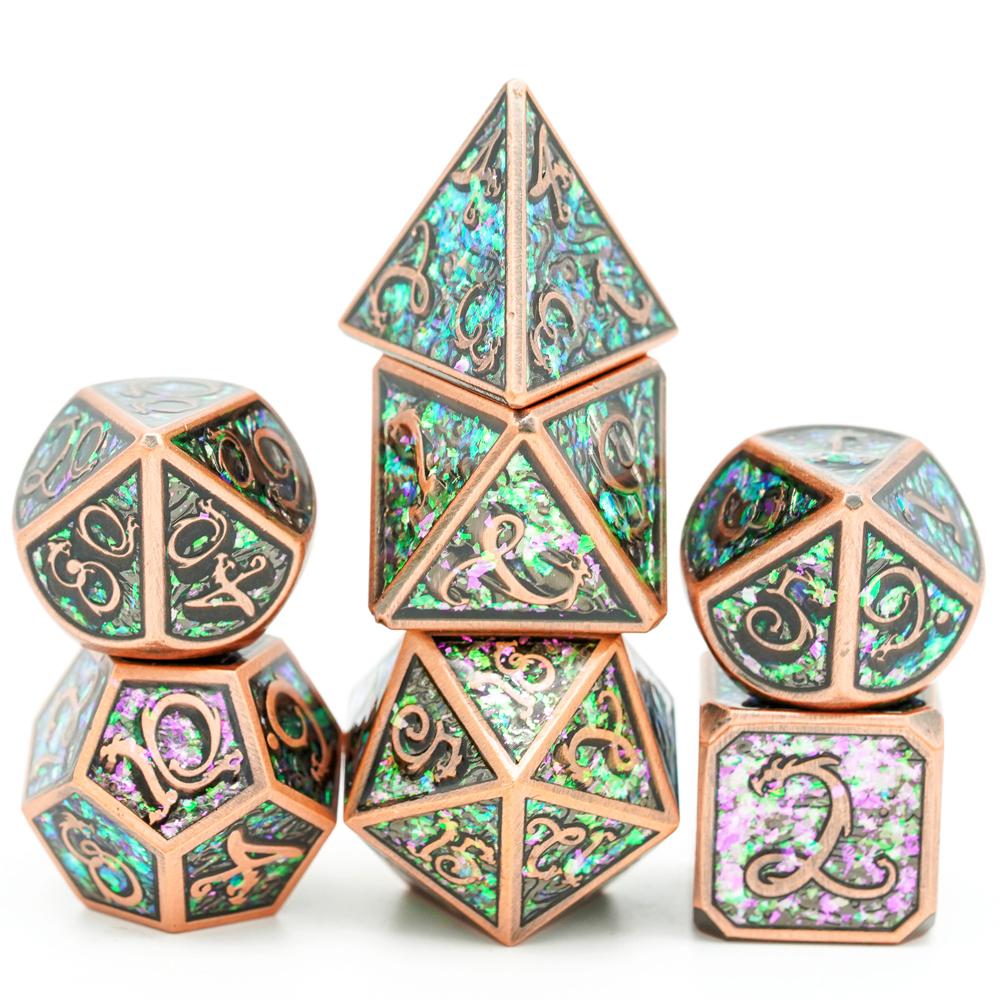 Cusdie Dragon Font DND Dice Metal, Auspicious Cloud, 7Pcs Polyhedral Dice Set, for D&D Role Playing Game Pathfinder Board Games