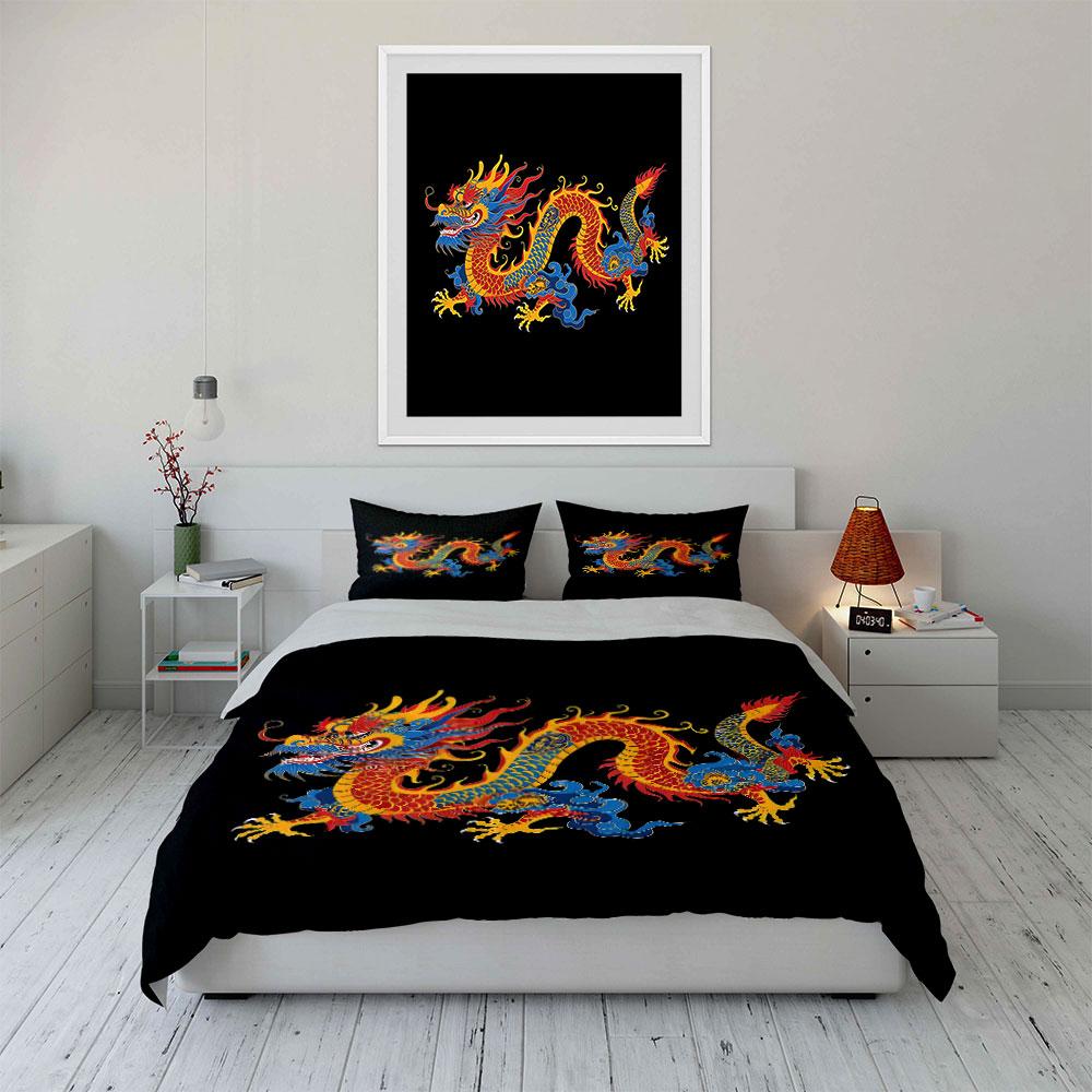 Chinese Dragon Decorative Set Bedding Set With 1 Duvet Cover 2 Pillowcases Single Double King Queen, Gift