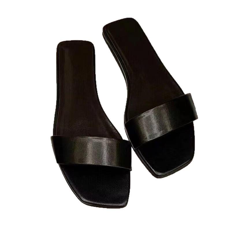 Sheepskin version versatile fashion simple one-word slippers wear flat bottom square head high-end open-toed sandals