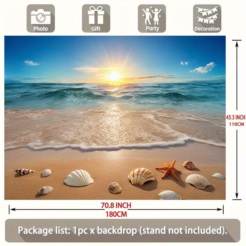 

Summer Beach Sunrise Backdrop Blue Ocean Sandy Beach Starfish Shells Background Cloth for Photo Booth & Party Decor 47.2x31.5inch/120*80cm