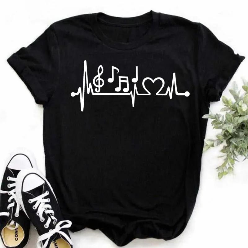 Damen T-Shirt Musik Oberteile Kurzarm Schwarz T-Shirt Damen Lässig Neu Harajuku Lustig Musiknote Kunst T-Shirt Mode