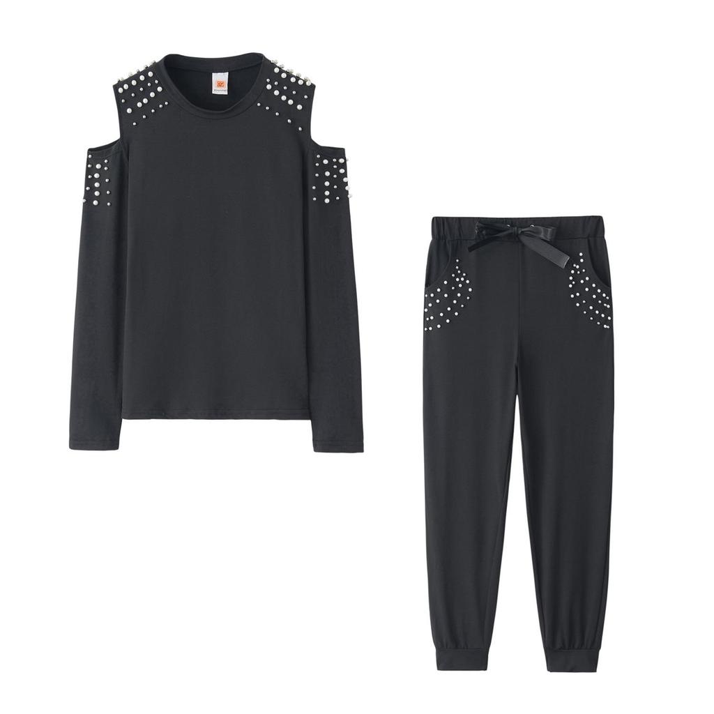 Autumn Women's Off-Shoulder Beaded Sportswear Two-Piece Set