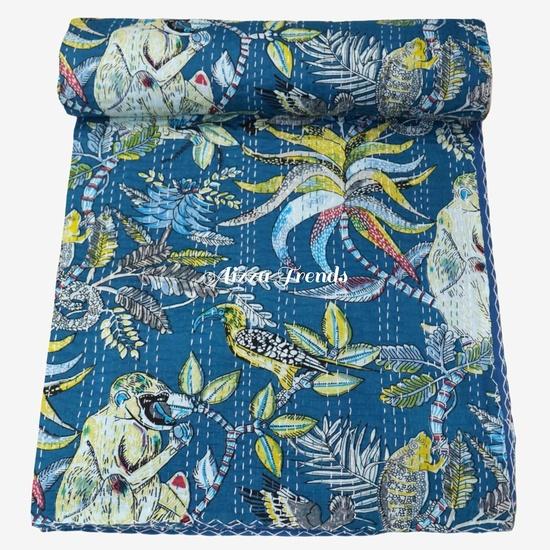 Aizza Trends Handmade Pure Cotton Monkey Print Kantha Quilt  - Traditional Look Bed Spread Kantha Gudri - Vintage Hand Stitch Gudri