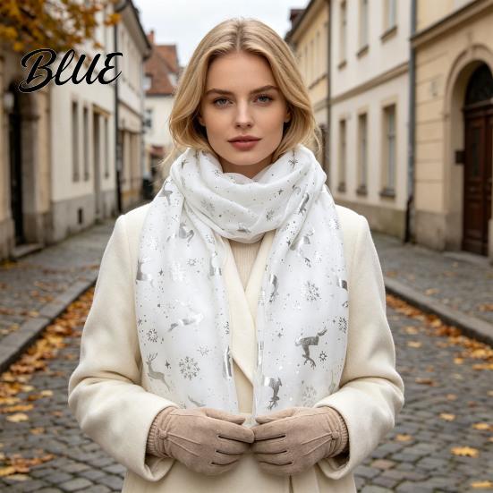 Stylish Festive Pattern Shawl Christmas Theme Scarf for Women Glitter Sparkly Foil Reindeer Fashionable Seasonal Neck Wear Print Scarves Lightweight