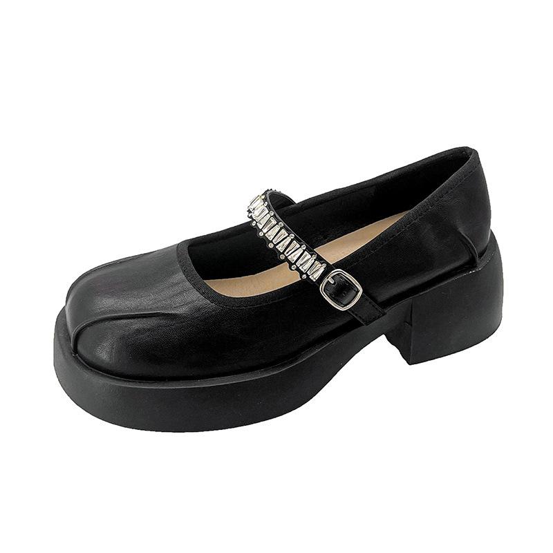 Summer and Autumn White Mary Jane Shoes Women's New One-word with Round Head with Skirt Thick Medium Heel Single Shoes