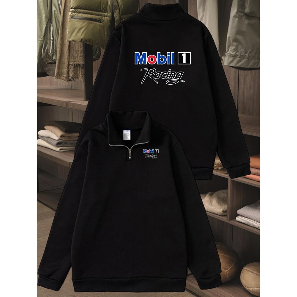 Racing Printed Urban Casual Men's Standing Collar Half Zipper Sports Shirt | Autumn and Winter Fashion, Round Neck, Loose Fit