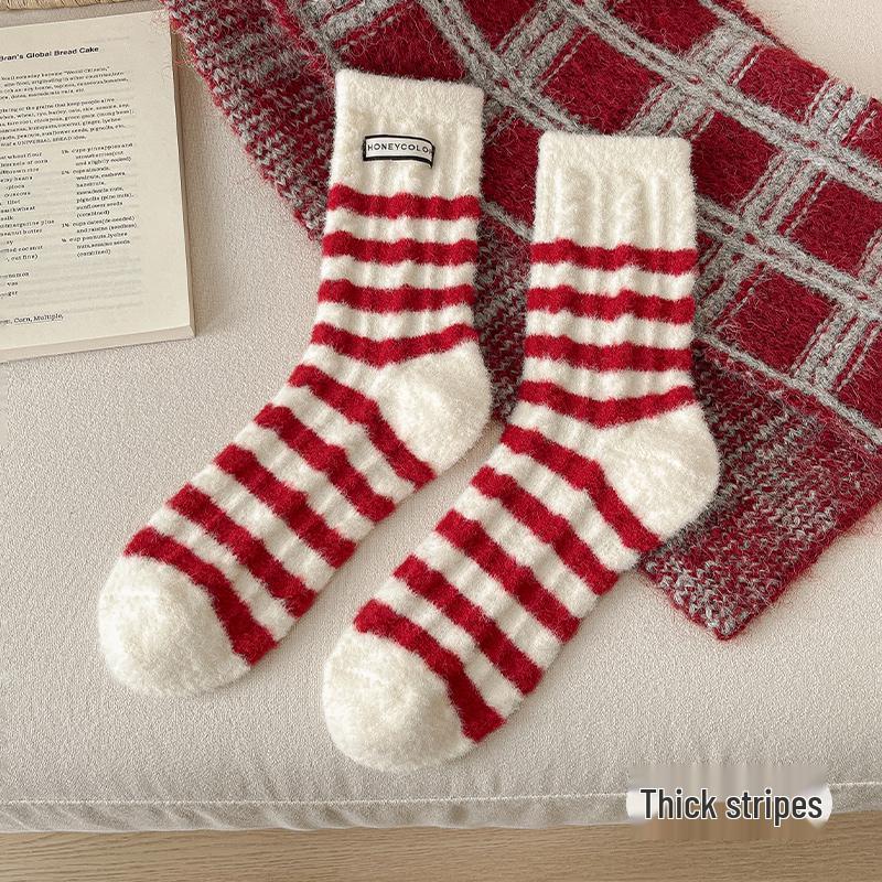 Benmingnian Women's Thick Coral Fleece Socks - Cozy Red Christmas Winter Sleepwear