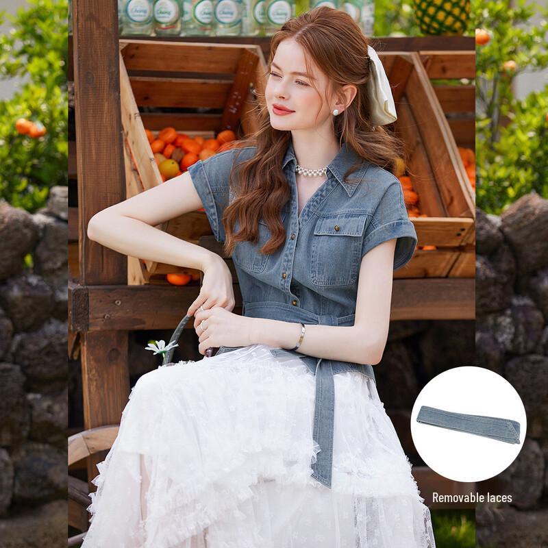 

Women s Detachable Belt Denim Short-Sleeve Lapel Shirt S