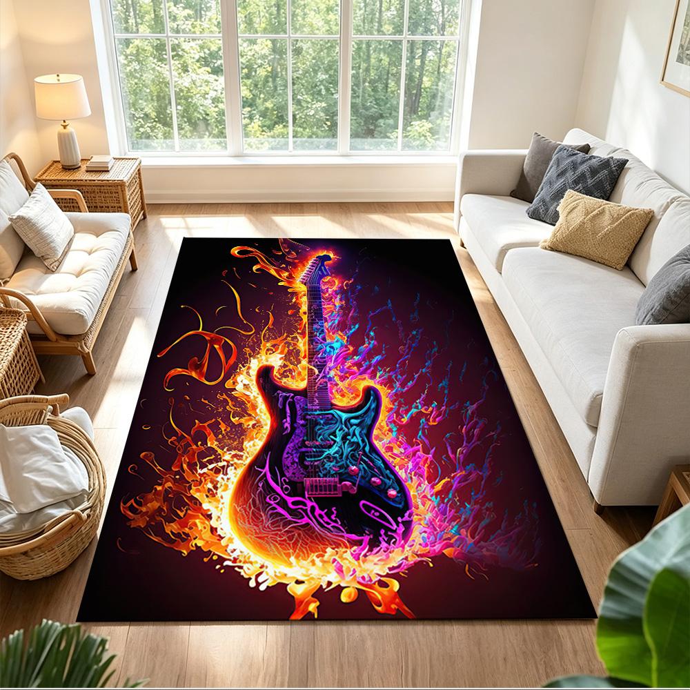 Electric Fire Guitar Fusion Non-Slip Home Carpet Design for Office Decor Living Room Bedroom Gift