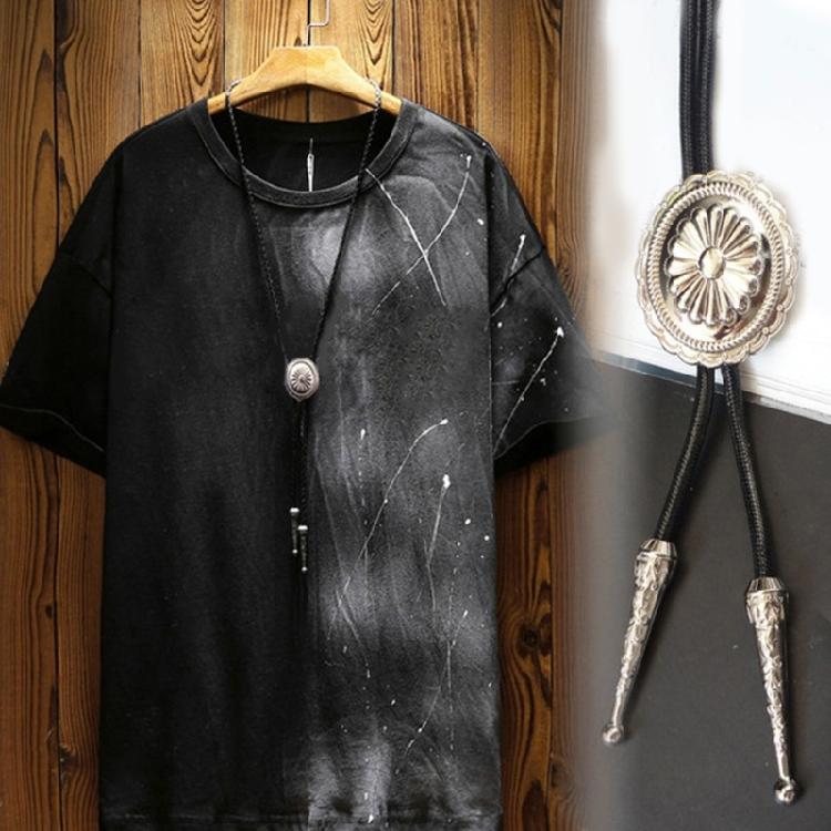 Western Cowboy Vintage Metal Flower Bolo Tie Adjustable Braided Rope Necktie Feathered Pendant Charm Jewelry Necklace