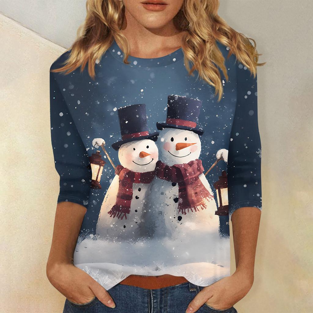Women's Fashionable Casual Three Quarter Sleeve Christmas Printed Collar Pullover Top