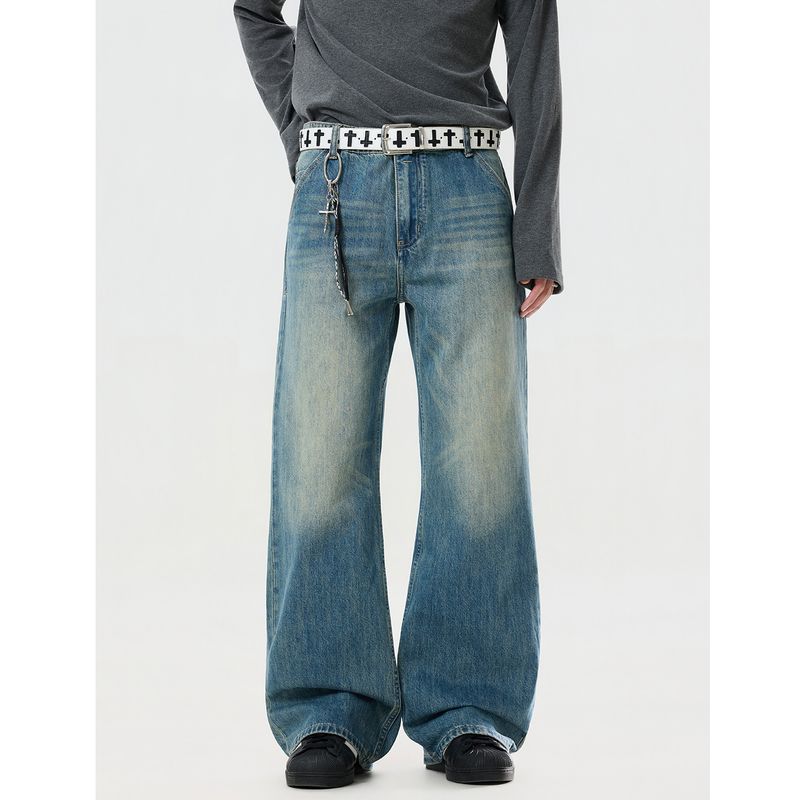 

Acrardic American-Style Simple Blue Flared Jeans for Men, Trendy Brand, Cool Vibe, Washed Straight-Leg Slimming Pants Washed Blue X L