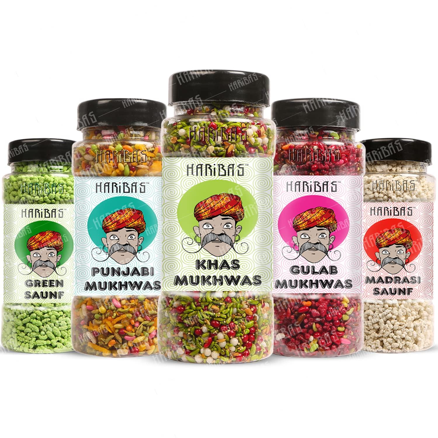 HARIBAS Mukhwas Mouth Freshener PACK OF 5 with sauf mouth freshener, Green Saunf 180G, Punjabi 200GM, Khas Chandan 180G, Gulab 200 Gram and Madra