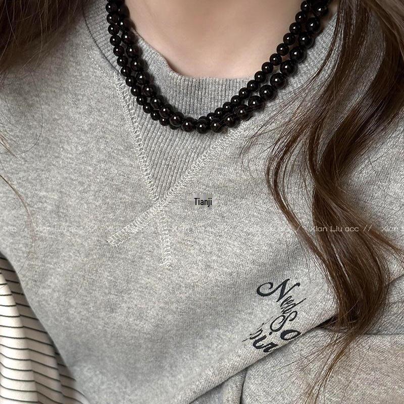 2025 Sense Layered Black Agate & Pearl Necklace - Light Luxury Women's Clavicle Chain Accessory