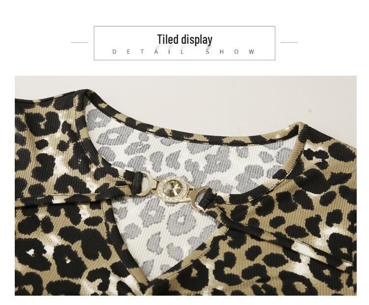 2023 Europäisches V-Ausschnitt Leopardenmuster Damen Slim Fit Kurzarm T-Shirt