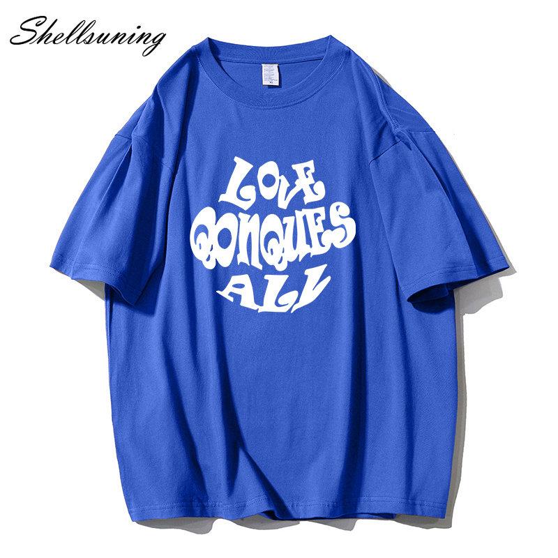 Shellsuning Oversized Letter Graphic T Shirts Men Summer Soft 100% Cotton Short Sleeve Tees Female Trendy Loose High Street Tops