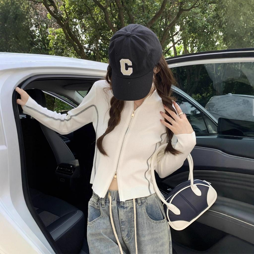 Sweater design sense niche semi-turtleneck double zipper slim-fit knitted sweater women's autumn and winter small casual short jacket