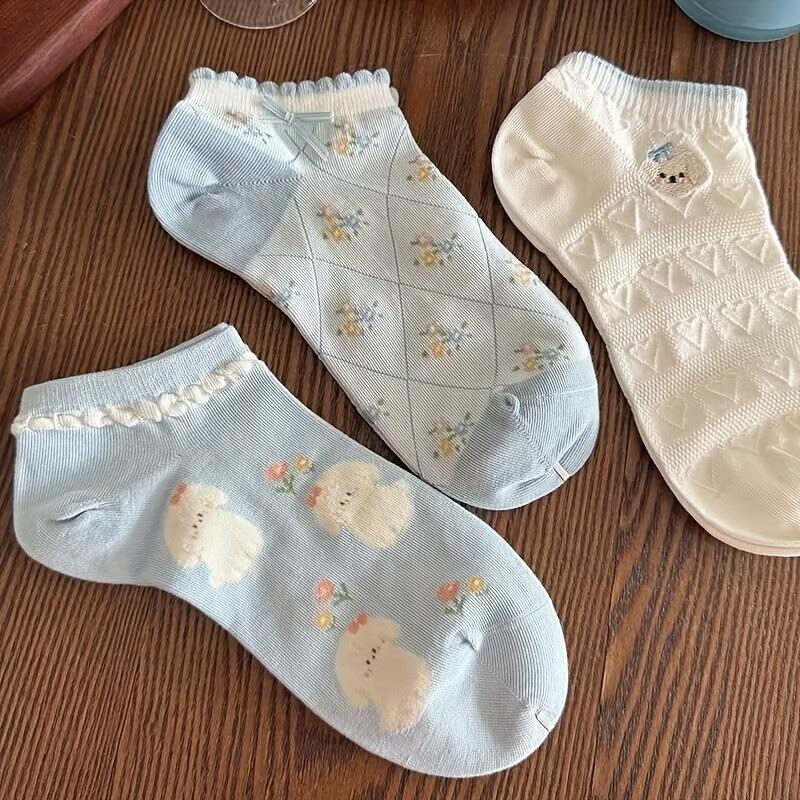 5 Pairs Cute Puppy Socks Women'S Summer Thin Short Socks Low Cut Shallow Mouth Lace Japanese Bowknot Boneless Non-Slip Mesh