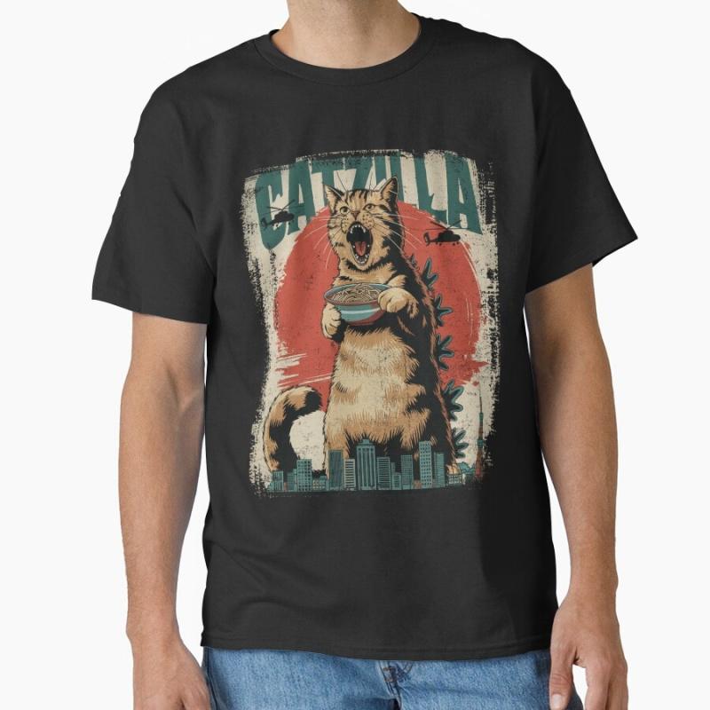 Catzilla Giant Cat Eating Ramen King of Monster Gift t shirt for Cat Lover Cute kitty Graphic tee Short Sleeve y2k clothes S