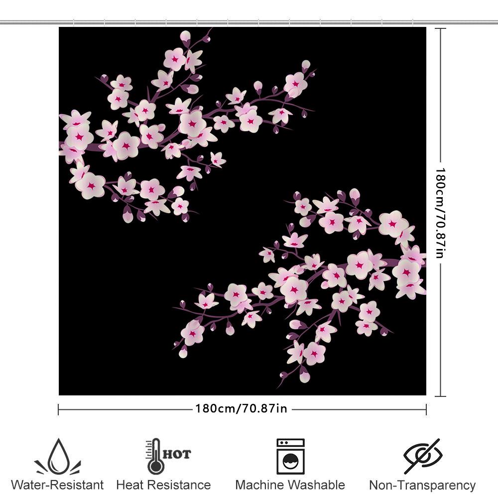 Cherry Blossom Shower Curtain Pink Floral Print Bathroom Decor Customizable Size Black Background Shower Panels Water Repellent