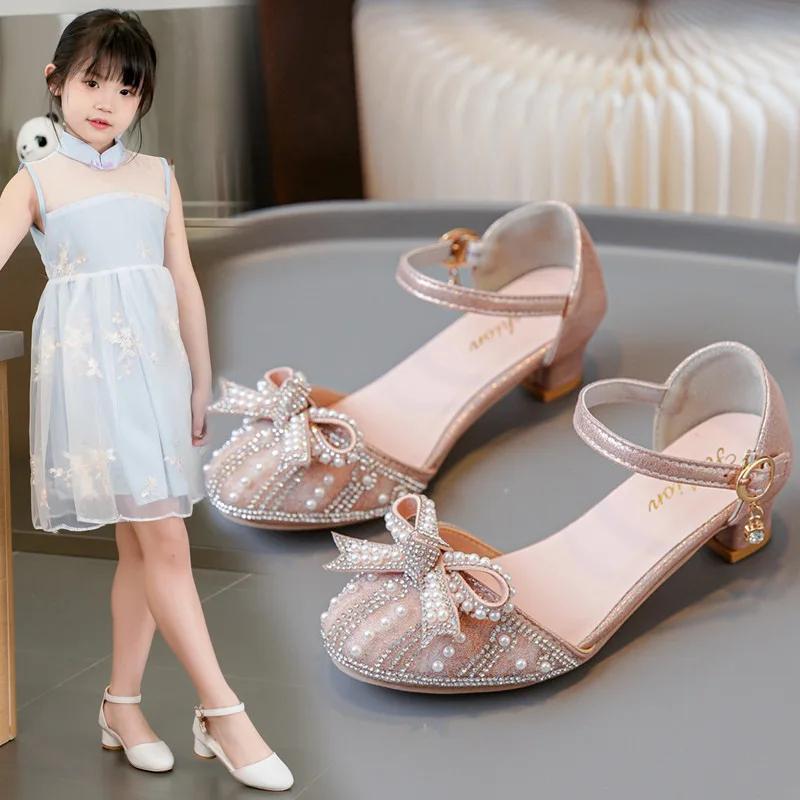 Girls' Bow Sandals 2024 Summer New Fashion Princess Shoes for Party Wedding Kids Rhinestone High Heels Children's Leather Shoes