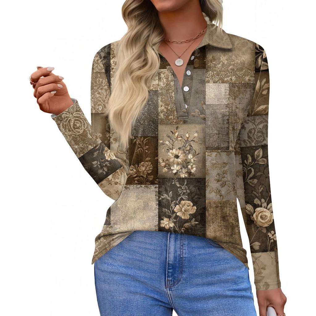 Damenmode Casual Revers Kurze Langarm Print Shirt Damen Button Up Tops