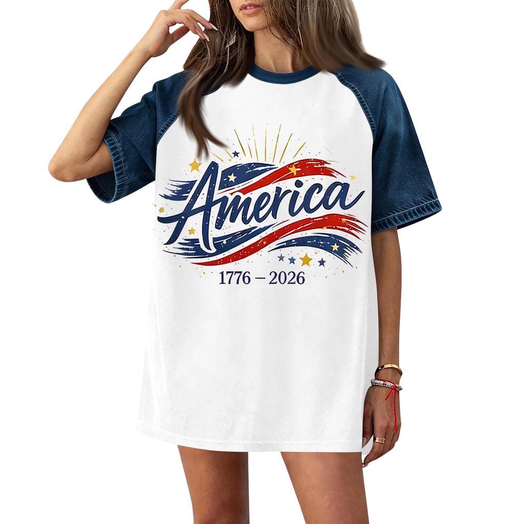 Women's Casual Short Sleeve T-Shirt Denim Patchwork Top 250th Independence Day Graphic Print Comfortable Fit Relaxed Style