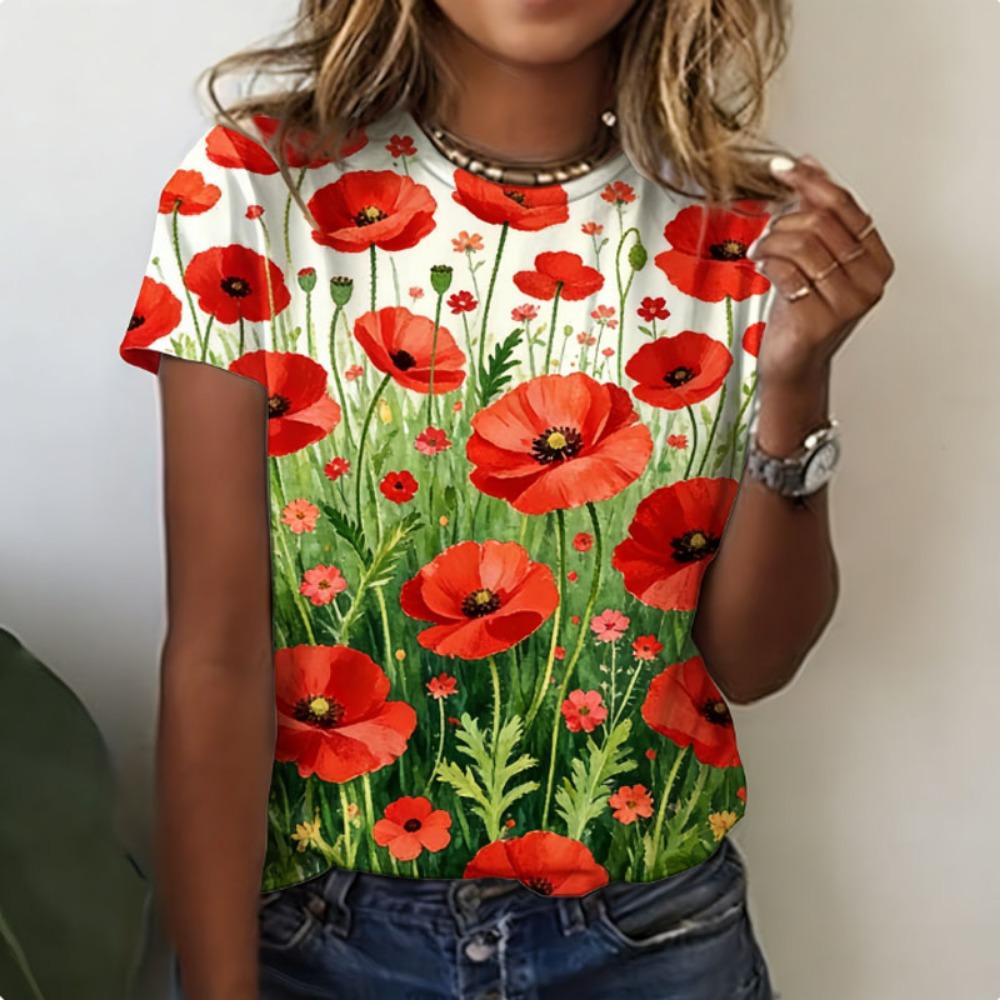 Damen T-Shirts Rundhals Kurzarm Farbverlauf Lila Blütenzweig Druck T-Shirt Damen Outfits Lässige Streetwear Coole Kleidung