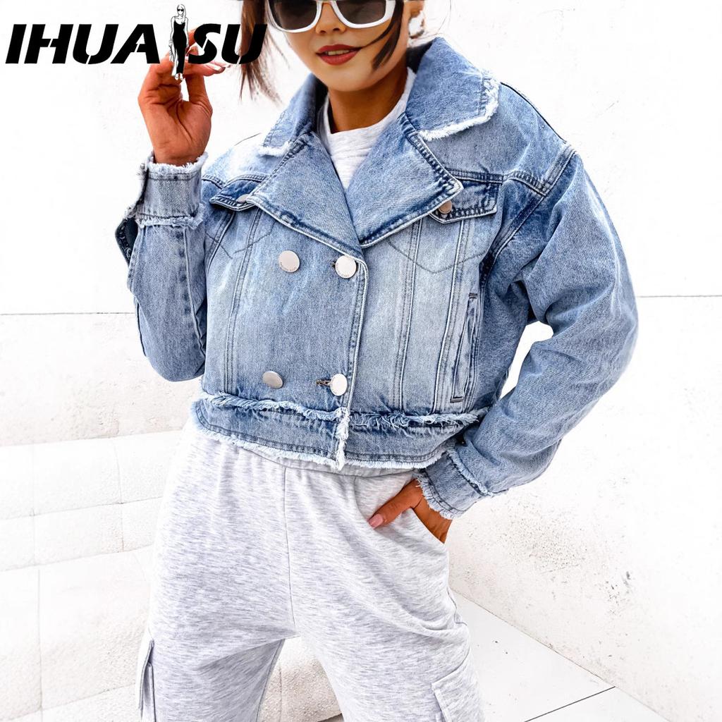 IHUASU Veste à col tailleur de printemps automne ample délavée à volants denim pour femmes manteau à manches longues