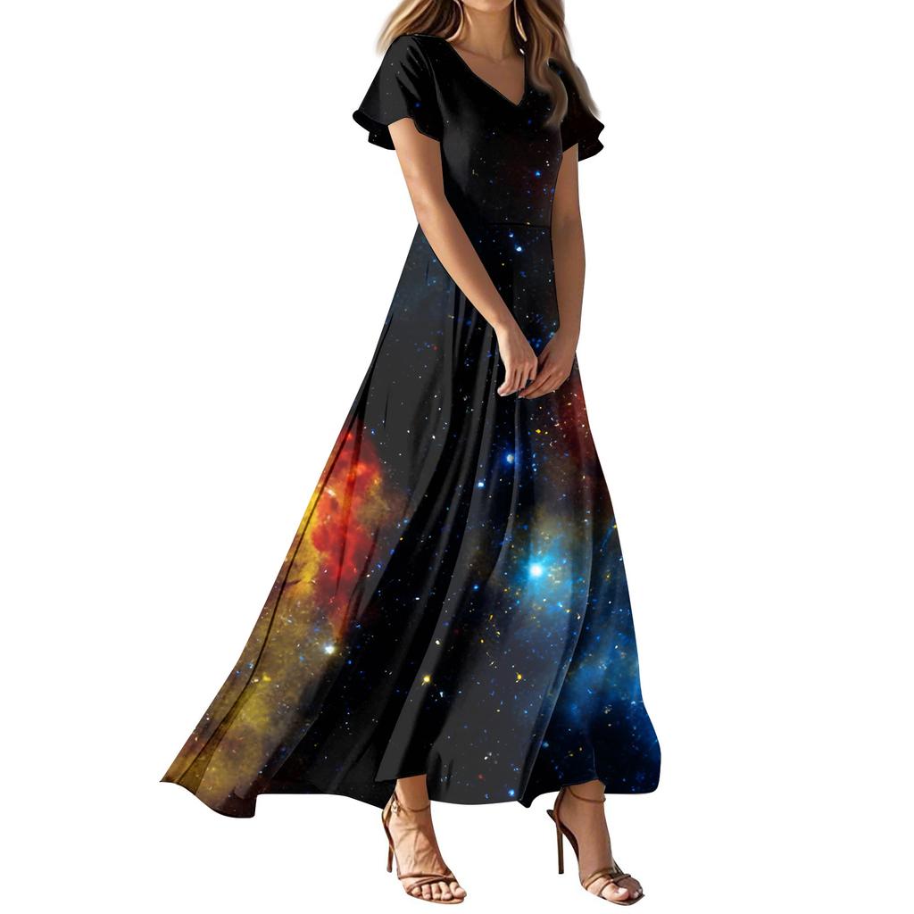 Women's Summer Casual Fashion -Print V-Neck Short-Sleeve Patchwork Dress
