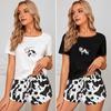 2 sztuk/zestaw Zestaw piżam damskich z krótkim rękawem O Neck Kreskówka krowa T-shirt z nadrukiem Sznurek Elastyczny pas Krótkie spodnie Homewear Top Zestaw szortów Lady