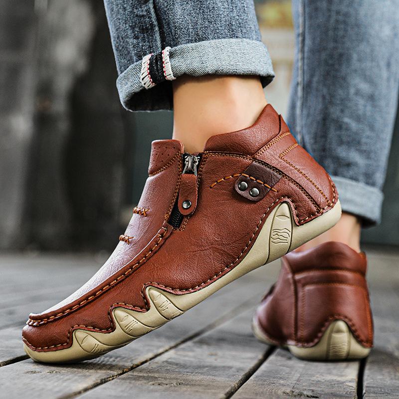 2025 nya stora herrstövlar i läder mode handstickade ankelstövlar platta korta stövlar dragkedja vardagsskor