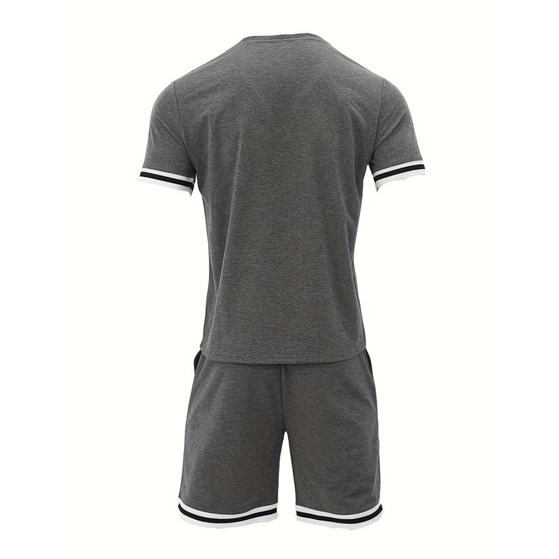 New Summer Men's Minimalist Striped Printed Comfortable and Breathable Round Neck T-shirt Shorts Set for Outdoor Casual Wear