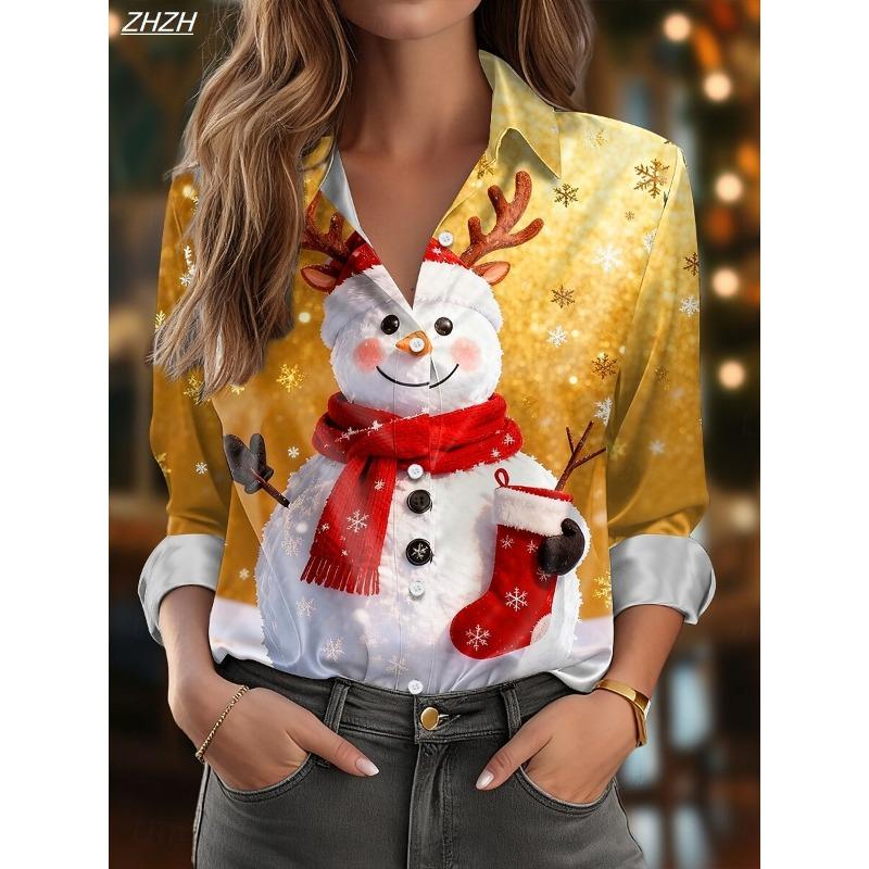 Christmas Women's Snowman Print Blouse, Elegant Shirt Collar Design, Vintage Holiday Office Wear, Fall Winter Work Daily Fashion