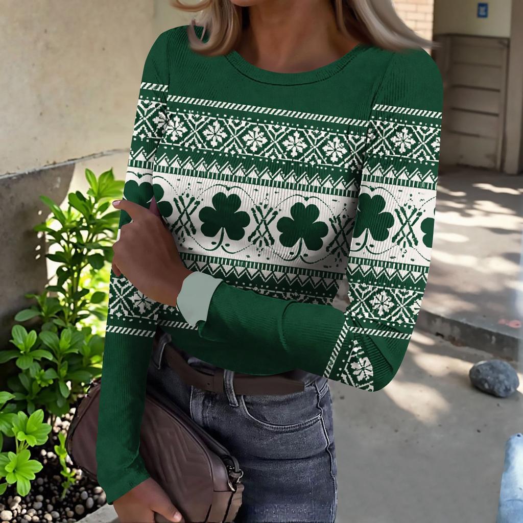 Women's And Winter Slim T-shirt Fashion Casual Printing Round Neck Pullover Long Sleeve Top