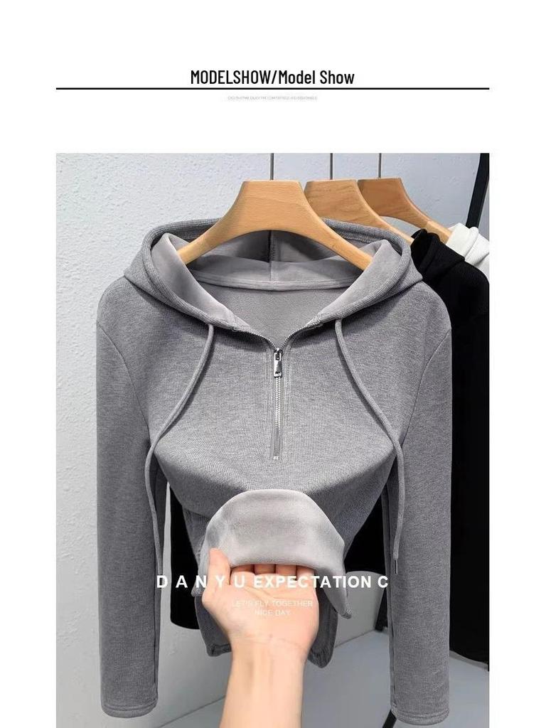 Women's Silver Fox Fleece-Lined Hooded Half-Zip Slim-Fit T-Shirt for Autumn/Winter 2025.