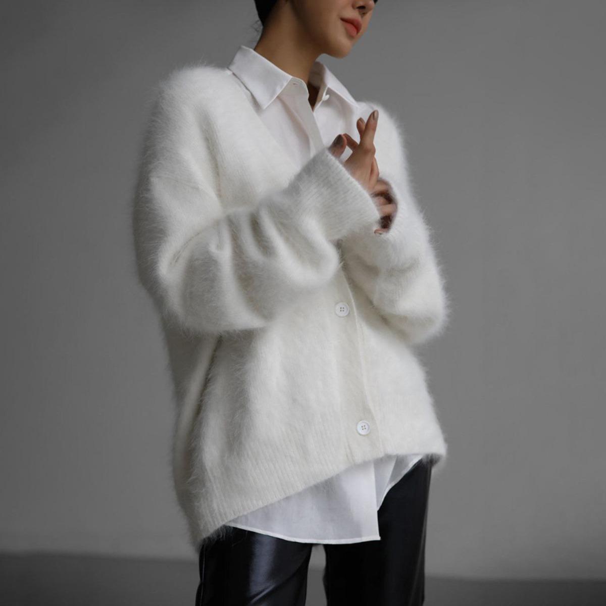 

Women s 2025 Autumn Winter Faux Mink Knit Cardigan Loose V-Neck Long Sleeve Sweater Coat for Europe and America L білий
