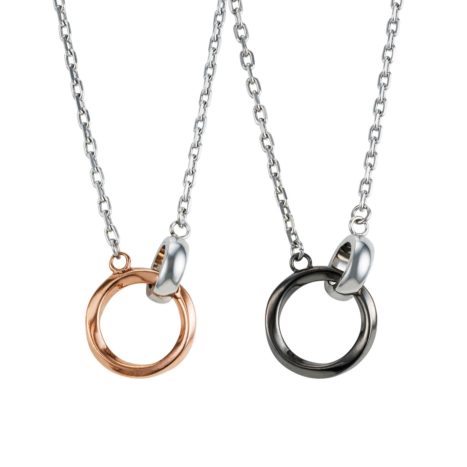 

Pair Necklace Set of 2 Double Ring Couple Hypoallergenic Surgical Stainless Steel Pink Black 48cm [White Clover] & 4SUP099GO&4SUP099BK