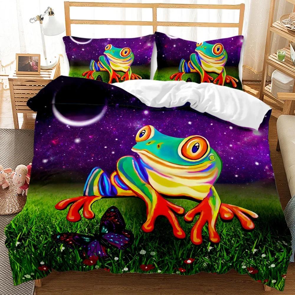 Bettwäsche Cartoon Frosch Bettbezug King/Queen Größe Fantasy Galaxie Tier Farbige Frösche Design Psychedelisch Polyester Steppdecke Bezug