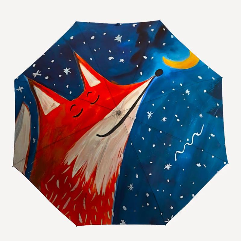 

1pc Fox Night Sky One Umbrella a Plastic Hle, Compact Stylish, with a Vibrant Cartoon Pattern, Perfect Home, Travel
