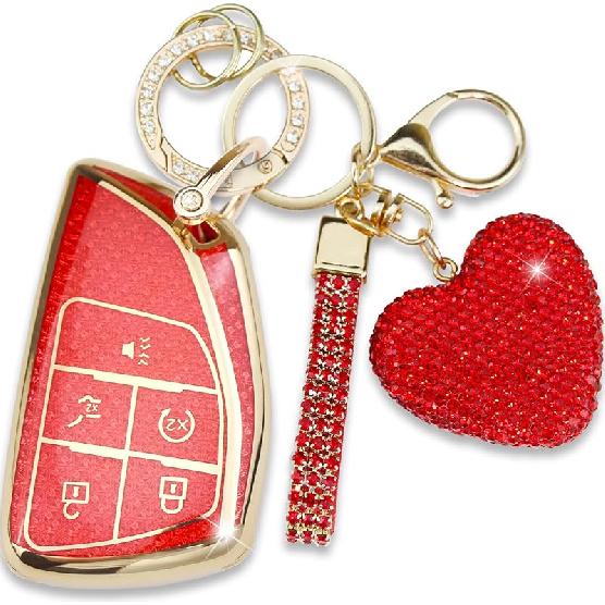 Key Fob Cover With Diamond Heart Keychain Car Key Shell Compatible With -2024 Chevy Tahoe Suburban GMC Yukon Denali Silverado Buick Full Protector